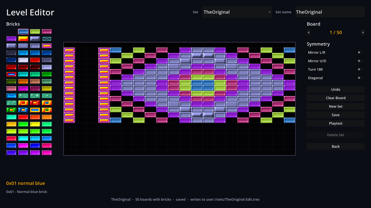 The level editor: the palette of original bricks on the left, symmetry brushes and board controls on the right, and a mirrored board from TheOriginal in the middle.
