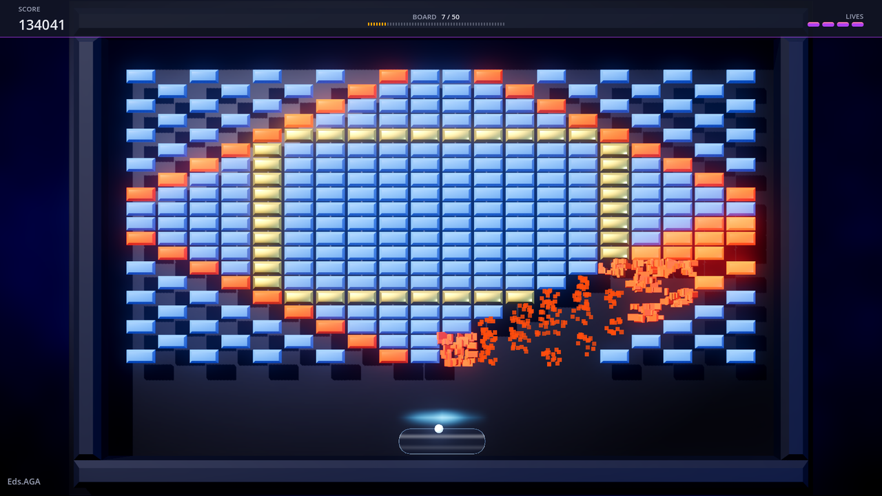 Modern, board 7 of Eds.AGA: a chain of exploding bricks burns orange around a ring of pale blue bricks framed in gold, scattering orange debris above the paddle.