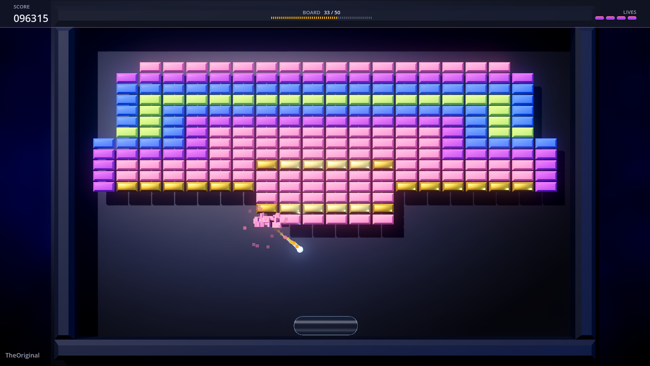 Quasarball in its Modern presentation, board 33 of TheOriginal: rows of lit pink, blue, green, purple and gold 3D bricks, with the ball trailing orange sparks away from a pink brick bursting into particles.