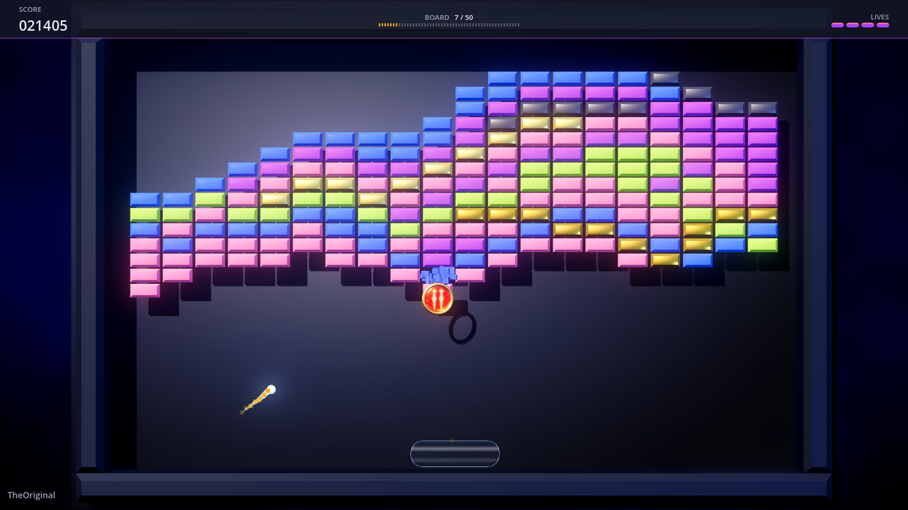 Modern presentation, board 7 of TheOriginal: lit 3D bricks in pink, blue, purple, green and gold, a Lasers power-up token with a gold 3D rim dropping from a breaking brick above its ring-shaped shadow, and the ball in flight below.