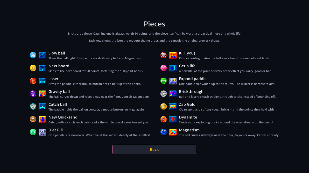 The in-game Pieces screen: all fourteen power-ups, each with its Modern icon, its Classic capsule and a line on what it does.
